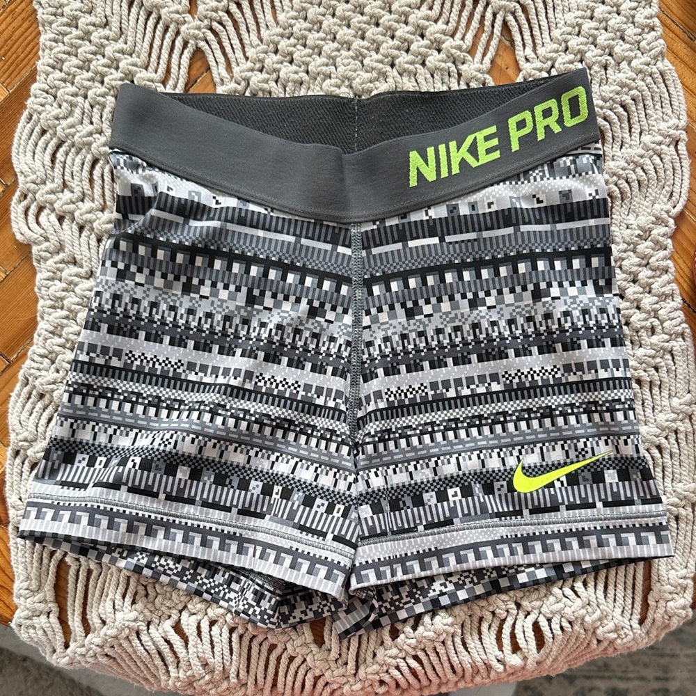 Nike Pro Women's Geometric Shorts - Black, Gray, and Green